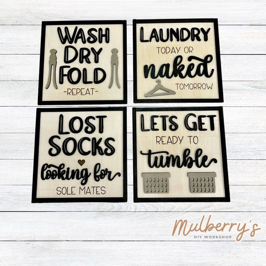 Wash, dry, fold! Dazzle up your laundry area with our new laundry signs! Each sign measures approximately 9.5" tall by 9.5" wide. Optional stands are available.