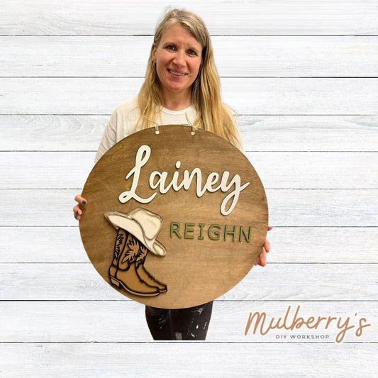 Decorate your little one's nursery with our personalized cowboy boot nursery 22" door hanger!