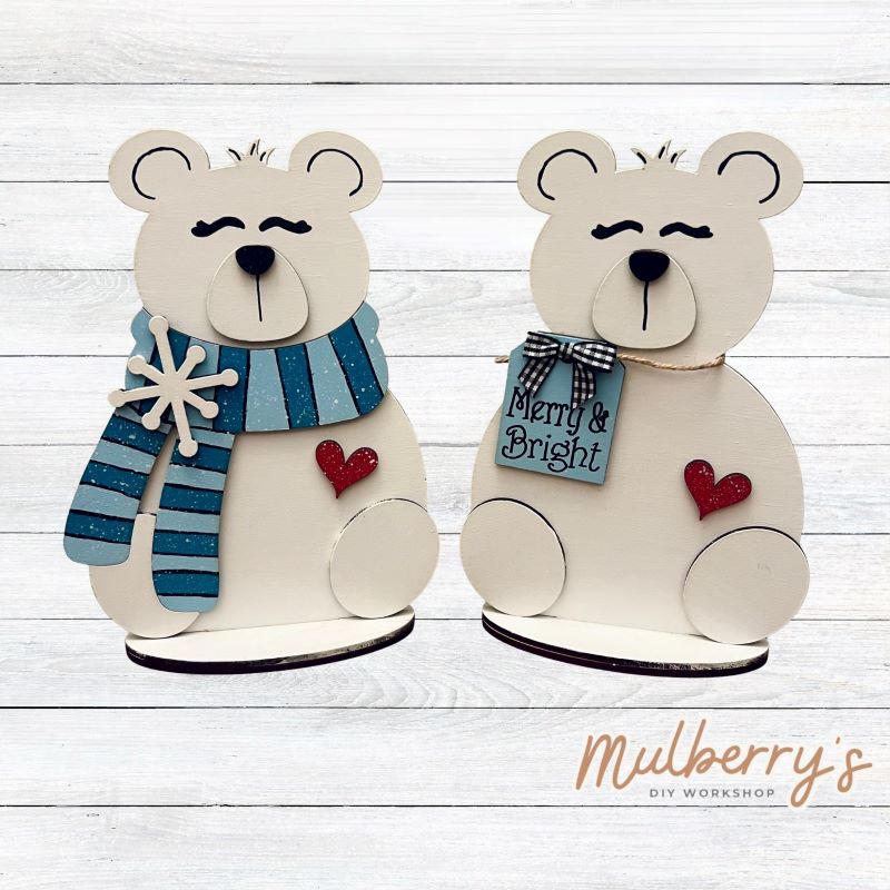 Warm up this winter season by painting our adorable polar bear shelf sitters! They're approximately 8" tall, and each includes a stand.
