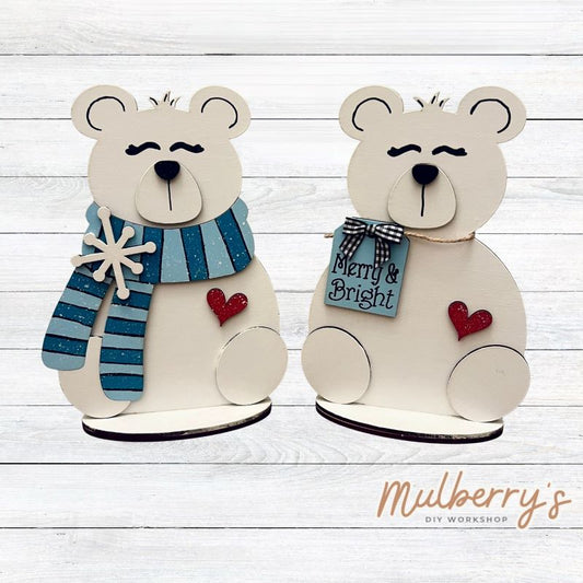 Warm up this winter season by painting our adorable polar bear shelf sitters! They're approximately 8" tall, and each includes a stand.