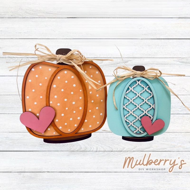 Hello fall! We have the cutest new pumpkin shelf sitters for you to paint! The taller pumpkin is approximately 7" tall and the shorter pumpkin is approximately 5.5" tall.