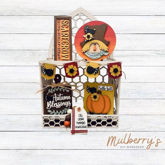 Our six-piece scarecrow tiered tray set can be purchased as a set or as individual pieces.
