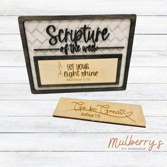 Display your favorite Bible verses with our new personalized scripture of the week shelf sitter! This product includes shelf sitter base and ONE Bible verse insert. Choose any Bible verse for this project.