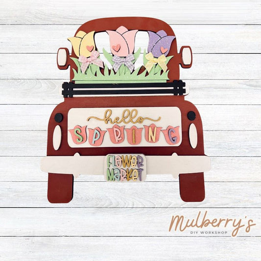 Our interchangeable truck is a must have!! There are several options to choose from:

1. We offer two sizes: 12 inches and 24 inches. Please see pictures for size comparison.

2. We offer each truck with holes to make it a door hanger or without holes for it to be a shelf sitter.

Spring Flowers inserts are included in this set. Additional inserts are available for each holiday/season.