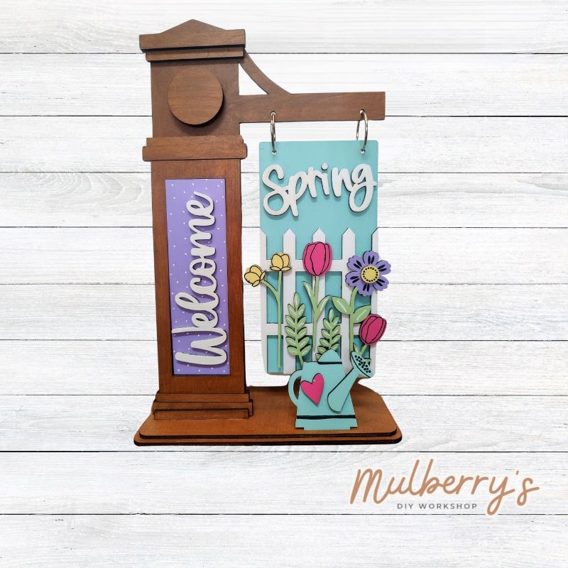 Our interchangeable mega post is so versatile! It's roughly 18.5" tall by 10.5" wide. Swap out different inserts throughout the year. This is a set for the interchangeable mega post and spring inserts.