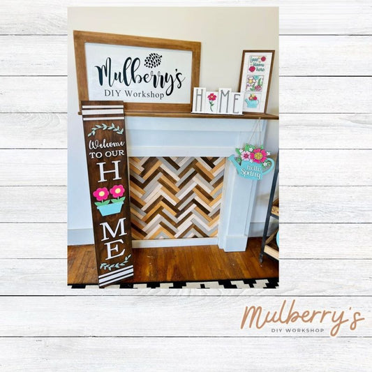 Our interchangeable HOME leaner is the perfect showcase project! It's approximately 4' long by 10" wide. The letter "O" can be swapped out for every season/holiday! It will great on your porch or anywhere in your home!  Includes: Porch Leaner with Flower Insert.