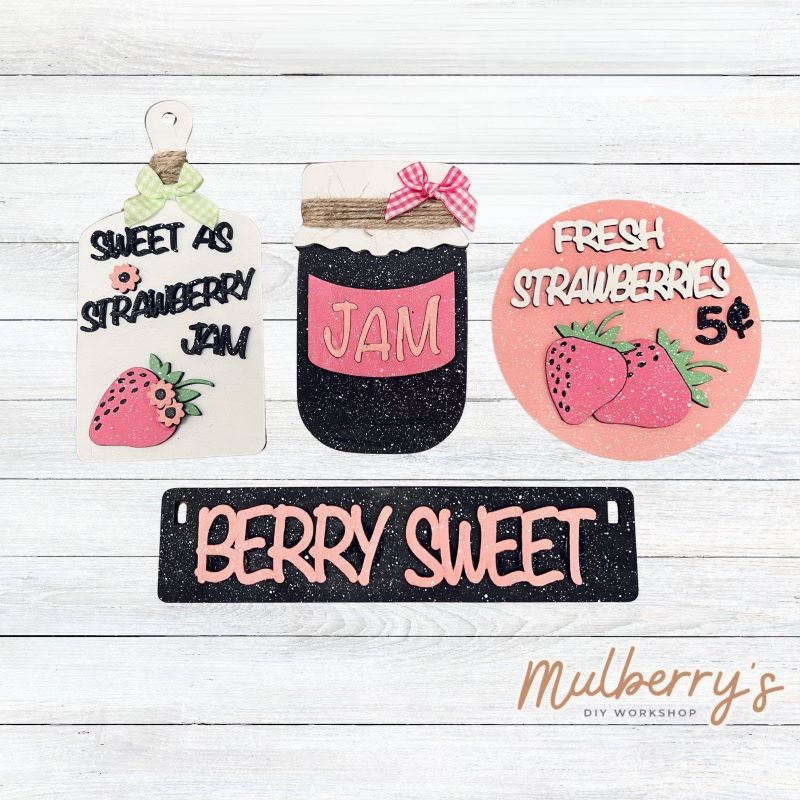 Our strawberry inserts are so versatile! Display them individually or in our interchangeable crate! Includes "Sweet as Strawberry Jam" cutting board, "Jam" jar, "Fresh Strawberries" round, and the "Berry Sweet" banner.