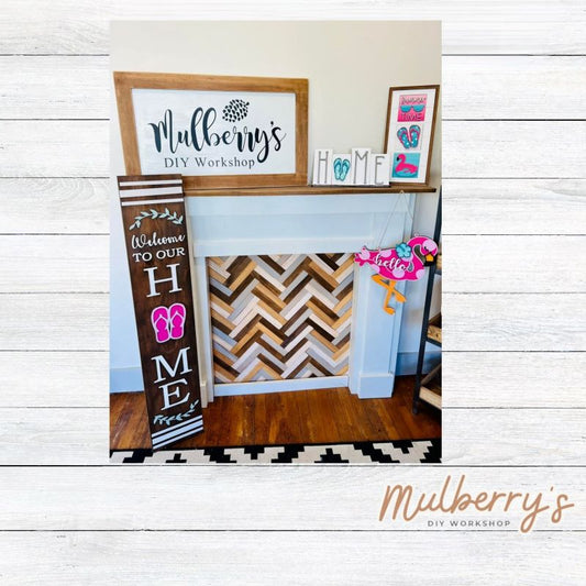 Our interchangeable HOME leaner is the perfect showcase project! It's approximately 4' long by 10" wide. The letter "O" can be swapped out for every season/holiday! It will great on your porch or anywhere in your home!  Includes: Porch Leaner with Flip Flops Insert.