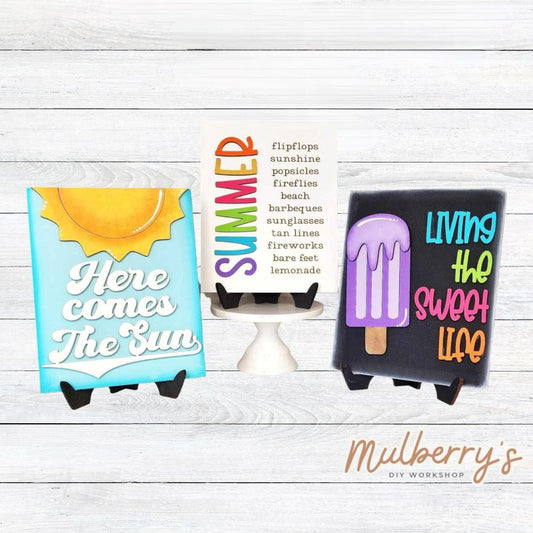Decorate your home this summer with our summer sign trio! Approximately 6.5" tall by 5.5" wide. Can be purchased individually as well.
