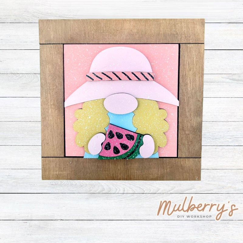 Our interchangeable square frame is the perfect way to display the different seasonal and holiday decorative tiles! Choose your favorite winter decorative tile to display inside! This listing includes the base and choice of one summer gnome insert. Approximately 6" in diameter.
