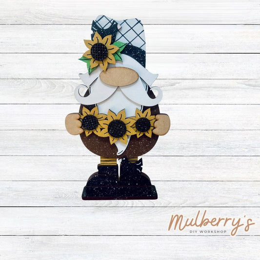 Our sunflower gnome is super cute! He's approximately 10.5" tall and includes a stand.