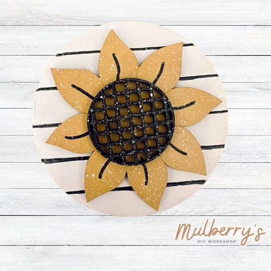 Decorate your home with our 3-inch sunflower insert. Our inserts may be displayed solo or with our interchangeable mini round stands, which are sold separately and shown in the following pictures.

Also displayable in our interchangeable welcome office sign and interchangeable teacher notepad.