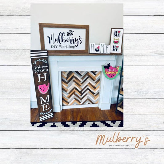Our interchangeable HOME leaner is the perfect showcase project! It's approximately 4' long by 10" wide. The letter "O" can be swapped out for every season/holiday! It will great on your porch or anywhere in your home!  Includes: Porch Leaner with Watermelon Insert.