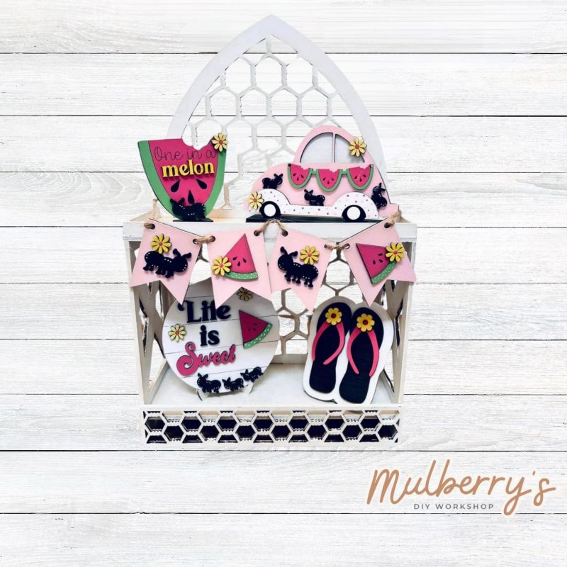 Our six-piece watermelon tiered tray set can be purchased as a set or as individual pieces.