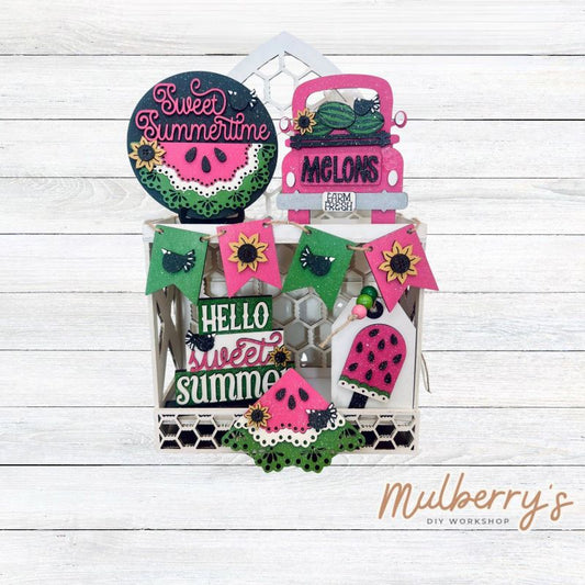 Our six-piece watermelon tiered tray set can be purchased as a set or as individual pieces.