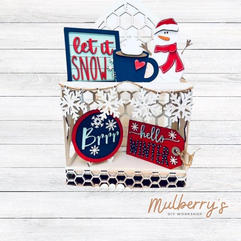 Our six-piece winter tiered tray set can be purchased as a set or as individual pieces.