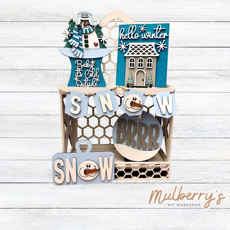 Our five-piece winter tiered tray set can be purchased as a set or as individual pieces.