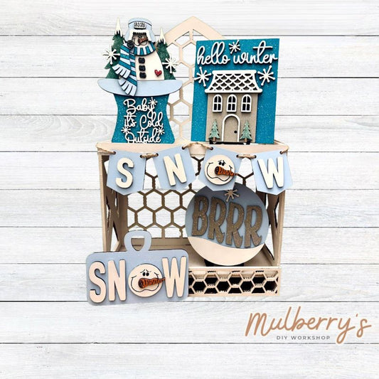 Our five-piece winter tiered tray set can be purchased as a set or as individual pieces.